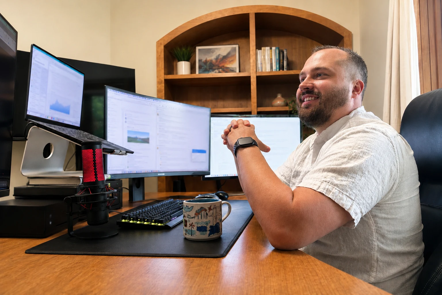 Ben at his desk in his home office, smiling mid-conversation