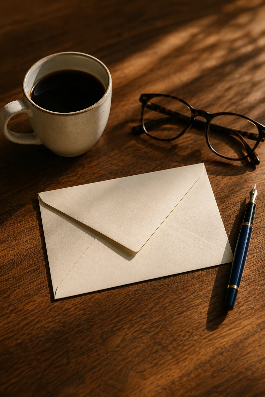 An envelope on a desk beside a cup of coffee and reading glasses.