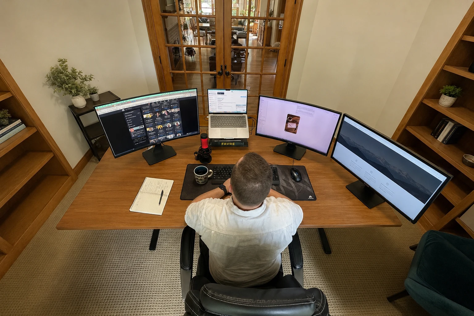 Ben at his desk, working across four monitors in his home office