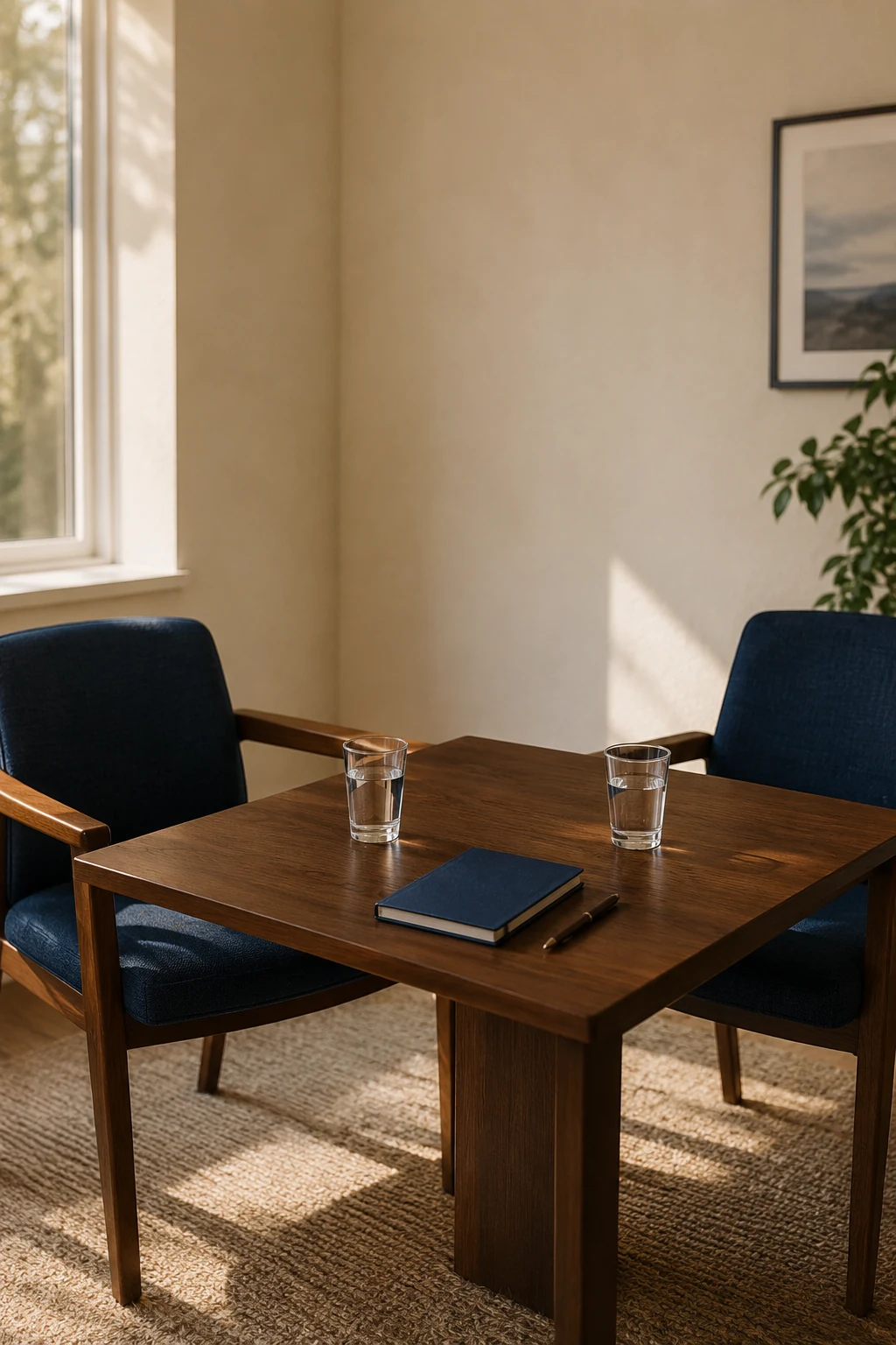 Two chairs pulled up to the corner of a wooden table, set for a real conversation.